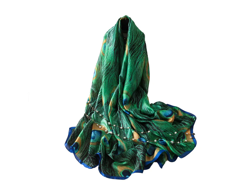 Women Stylish Floral Print Long Neck Scarf Hijab Head Wrap Beach Anti UV Shawl-F38 Green Feather