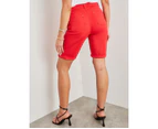 Rockmans Knee Length Zipped Pocket Solid Colour Shorts - Womens - True Red