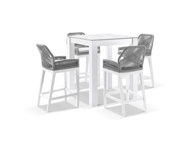 Hugo Ceramic Square Aluminium Bar Table with 4 x Hugo Rope Bar Stools - Outdoor Dining Settings - White