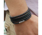 Unisex Multilayer Interlaced Faux Leather Cuff Bangle Wristband Bracelet Jewelry-Black