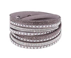 Women Faux Leather Shiny Hot Fix Rhinestone Inlaid DIY Multilayer Bracelet Gift-Gray