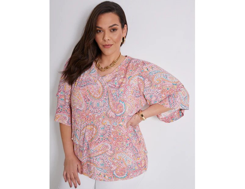Autograph  Woven Elbow Sleeve V Neck Pleated Top - Womens - Plus Size Curvy - Sunset Ikat