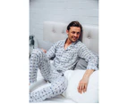 Mens Long Cotton Pjs Pyjamas White Blue Grey Checks (sz S-XXL) - Grey
