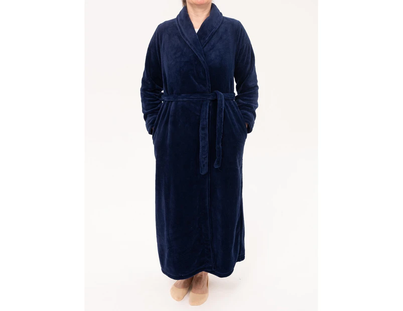 Ladies Givoni Navy Blue Long Length Wrap Dressing Gown Bath Robe (GL47) - Blue