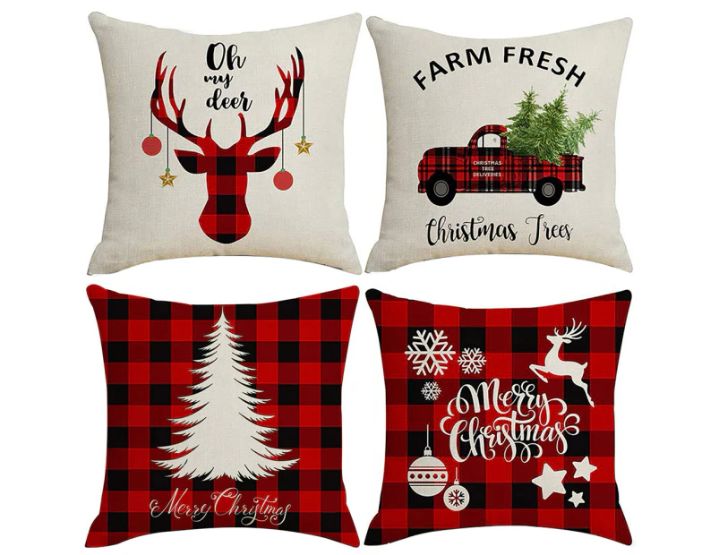 4Pcs Christmas Tree Car Elk Pillow Case Linen Cover Cushion Sofa Bedroom Decor