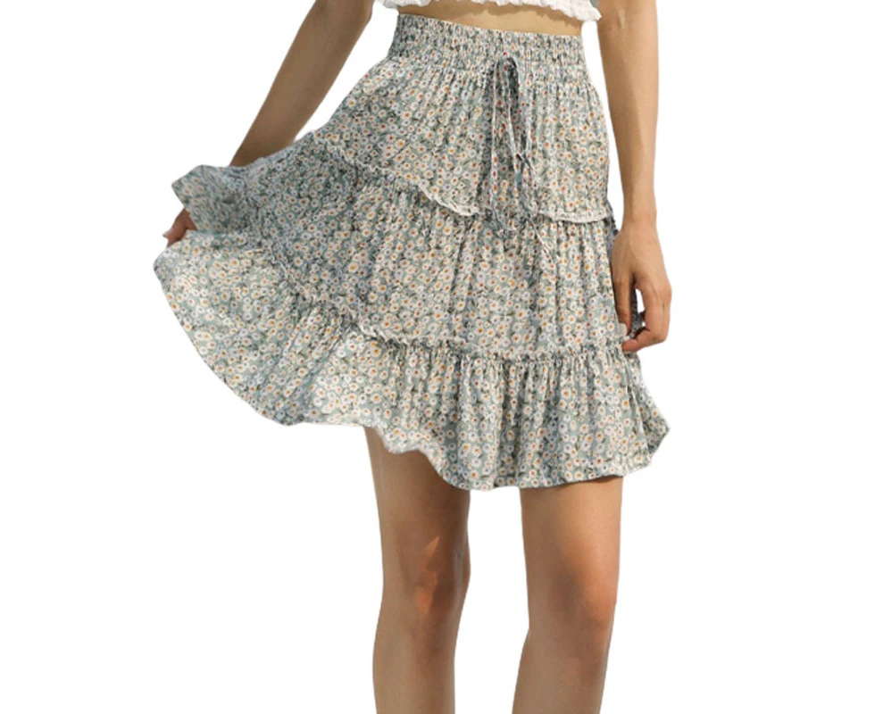 Women's Floral Print High Waist Ruffled Mini Skirt - Green