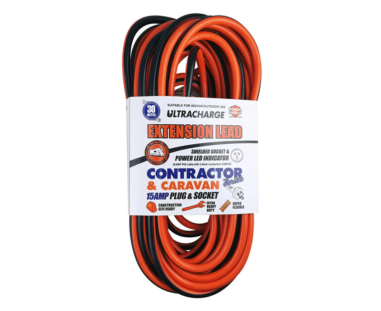 Ultracharge Contractor/Caravan Extension Lead 30m Cable Cord w/ 15A Plug/Socket