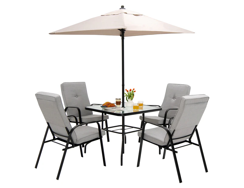 Costway 6PCS Patio Dining Set Stackable Chairs Cushioned Glass Table Chair Set Garden Furniture W/Umbrella