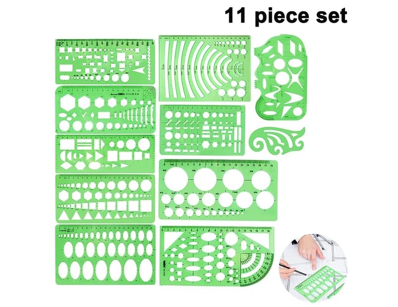 Plastic Drafting Tools for Engineering Drawing & Building Designing 11 Pack Geometric Shape Measuring Ruler Stencils Set for Office and School Geometric Drawings Templates 