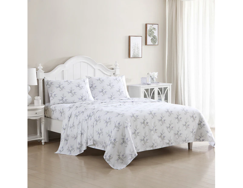 Laura Ashley Jessika Printed Queen Bed Sheet Set w/ 2x Pillowcase Periwinkle