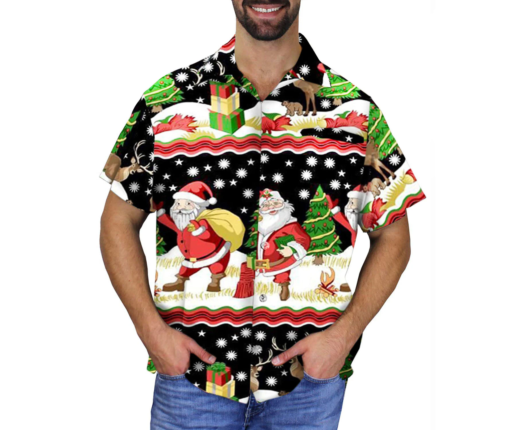 Men's Christmas Button Short Sleeve Shirt - Black Santa Large - Black Santas Large