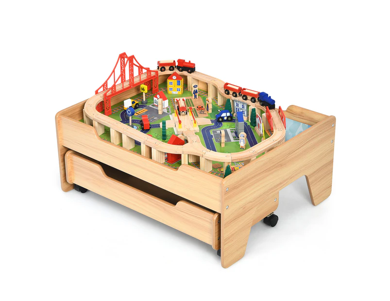 Giantex Wood Kids Train Track Railway Set Table Activity Playset Storage Drawer DIY Xmas Gift w/Accessories Kit