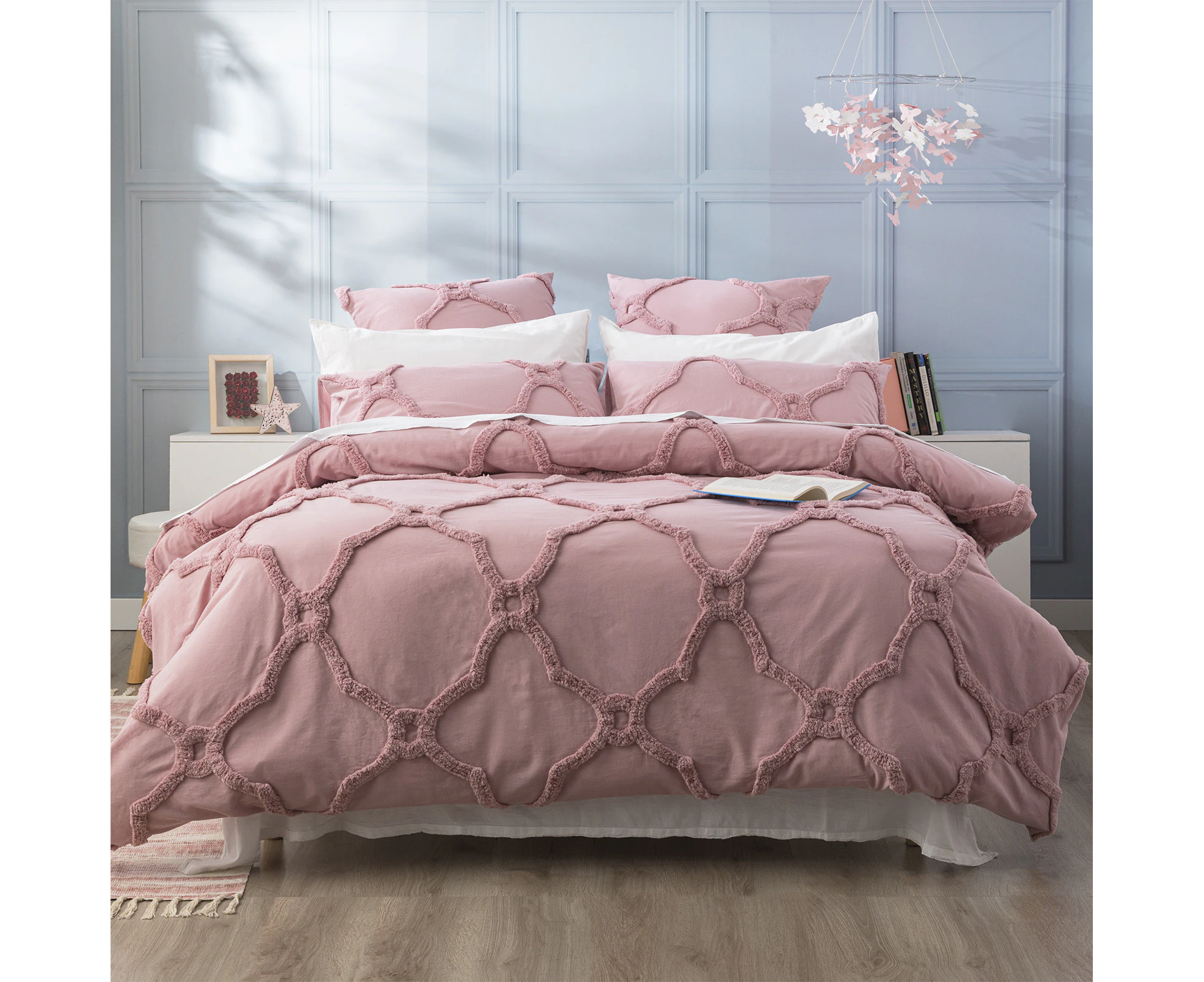 Renee Taylor Moroccan Super King Bed Quilt Cover Cotton Chenille Tufted Blush