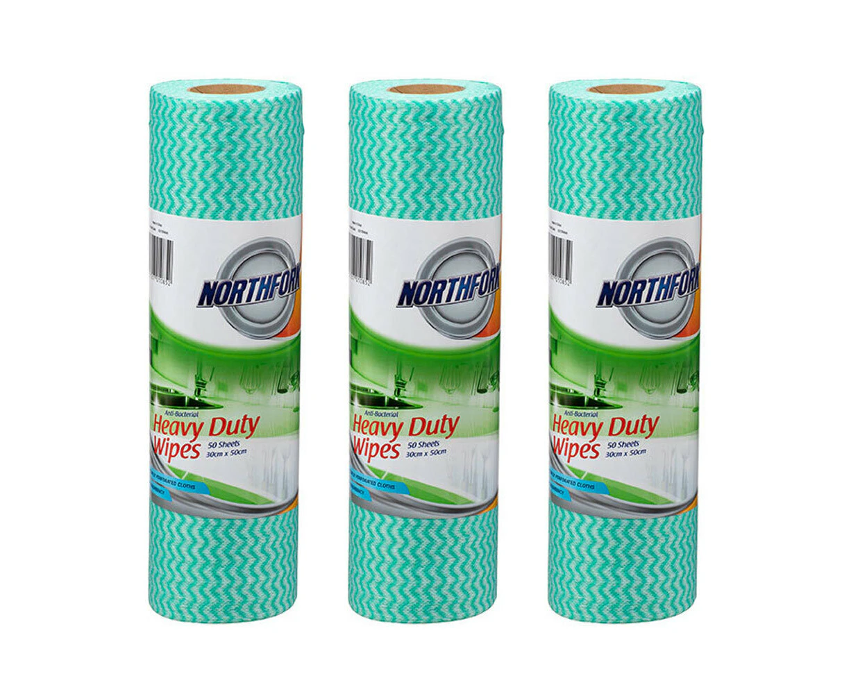 3x 50pc Northfork Heavy Duty Perforated Cleaning Wipes Roll Green