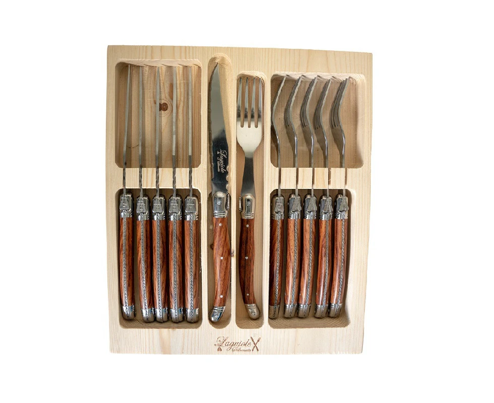 12pc Laguiole Silhouette Stainless Steel Steak Knife & Fork Cutlery Set Wood