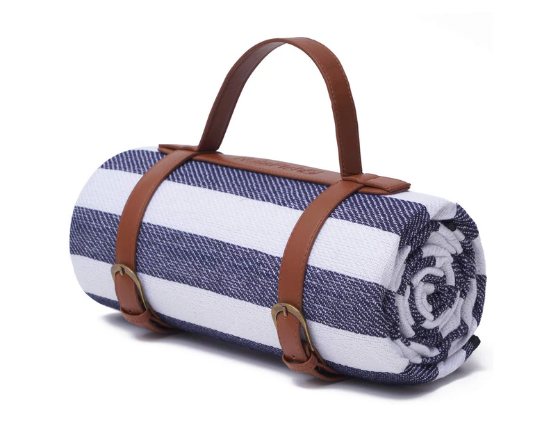 Foldable Waterproof Picnic Blanket for Outdoors with Luxury PU Leather Carrier, Large 3 Layered Picnic Rug Picnic Mat - Blue & White Stripe