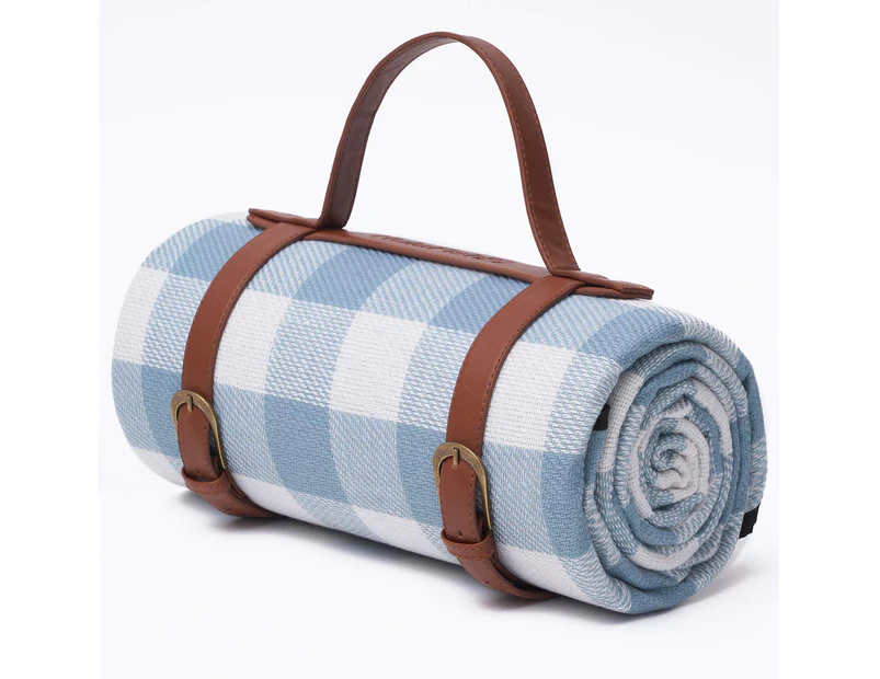 Foldable Waterproof Picnic Blanket for Outdoors with Luxury PU Leather Carrier, Large 3 Layered Picnic Rug Picnic Mat - Blue