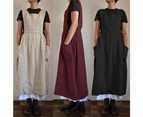 Women Dress Casual Loose Solid Pinafore Long Straps Apron Cotton Linen Overall Dresses with Pockets - Red