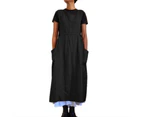 Women Dress Casual Loose Solid Pinafore Long Straps Apron Cotton Linen Overall Dresses with Pockets - Black