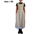 Women Dress Casual Loose Solid Pinafore Long Straps Apron Cotton Linen Overall Dresses with Pockets - Beige