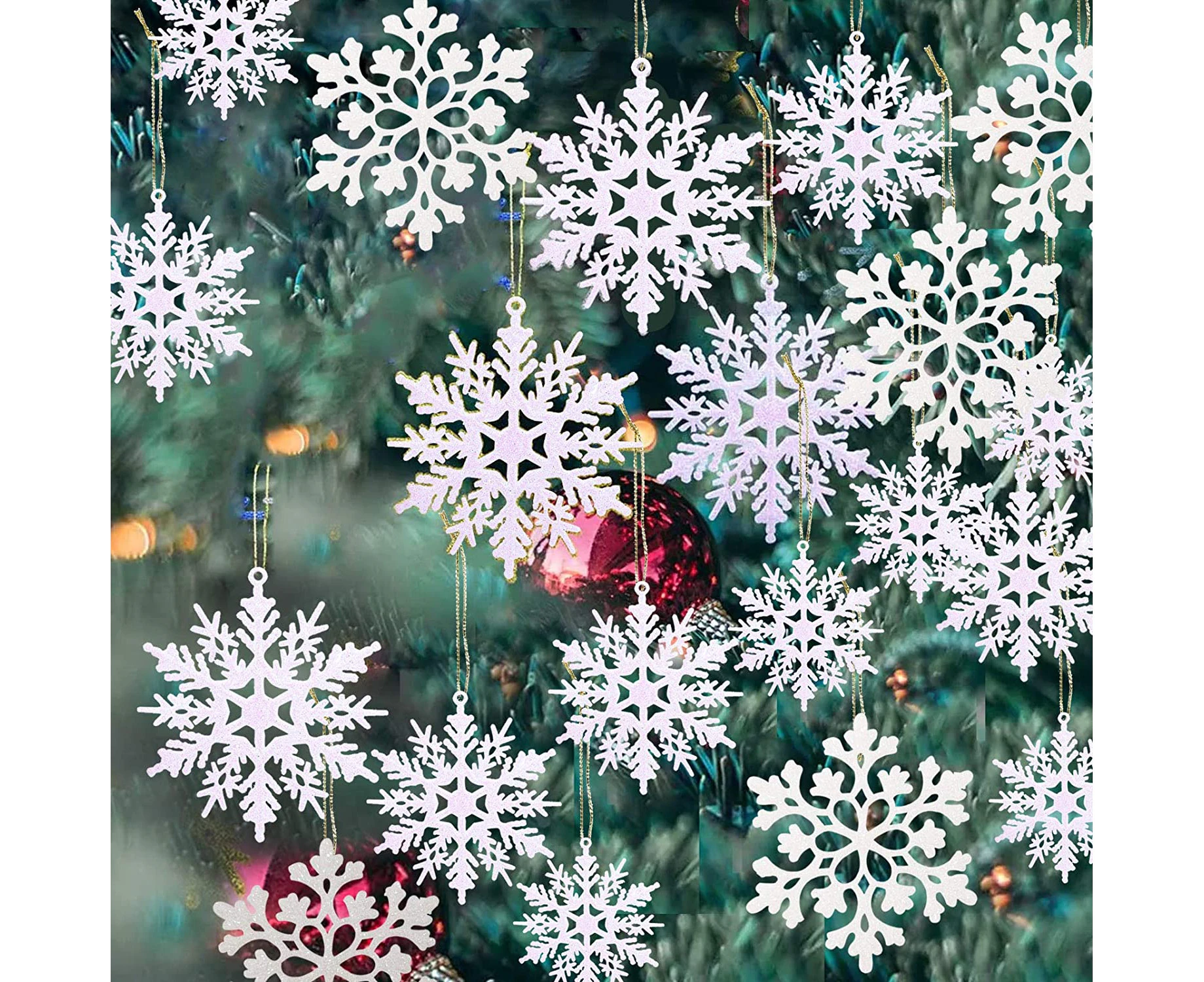 36 Pack Plastic White Snowflake Ornaments Christmas Winter Decorations, Hanging Snowflake Decorations for Winter Wonderland Christmas Tree