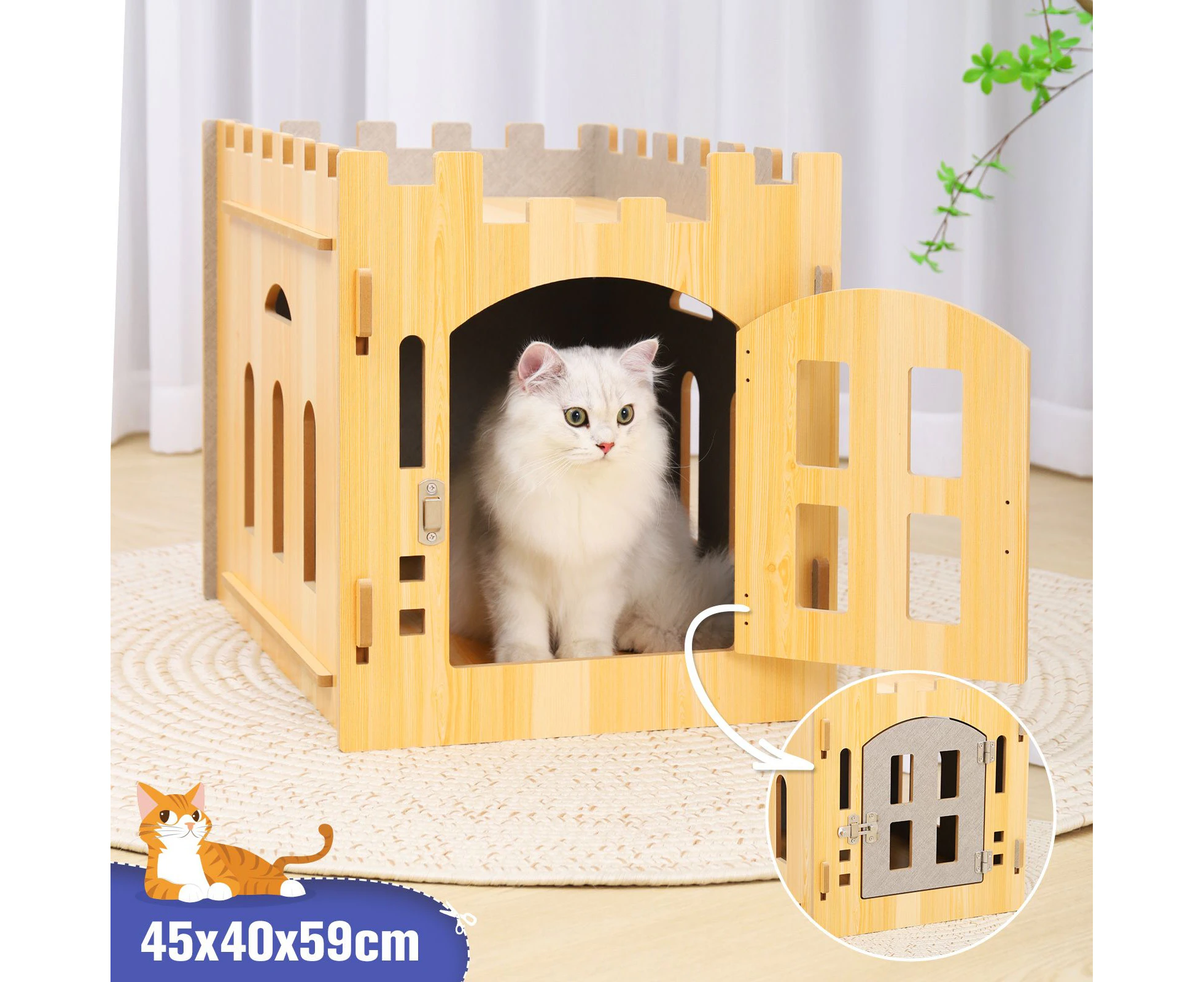 Cat House Rabbit Hutch Pet Scratcher Indoor Bunny Cage Kitten Castle Condo Cave Guinea Pig MDF Collapsible with Lockable Door