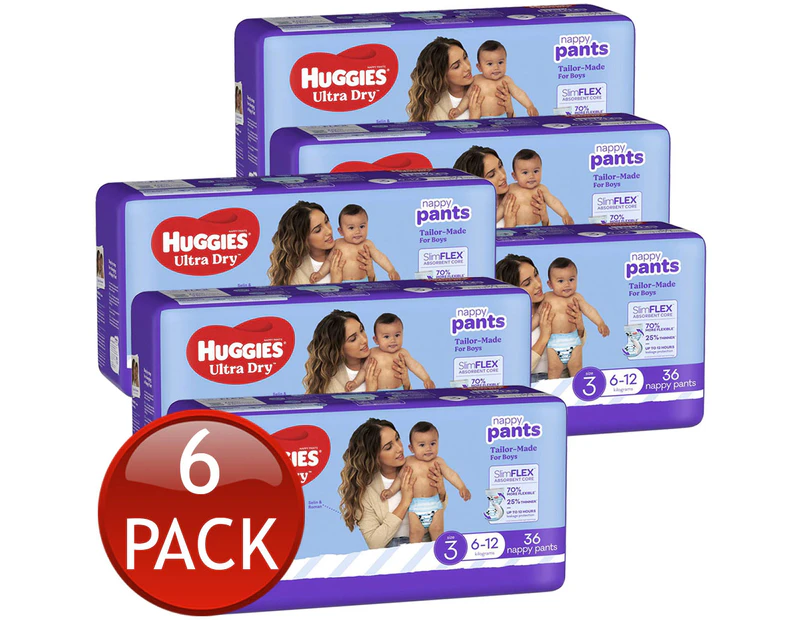 6 x Huggies Ultra Dry Nappy Pants Size 3 Boys 6-12Kg Disposable Nappies 36 Pack