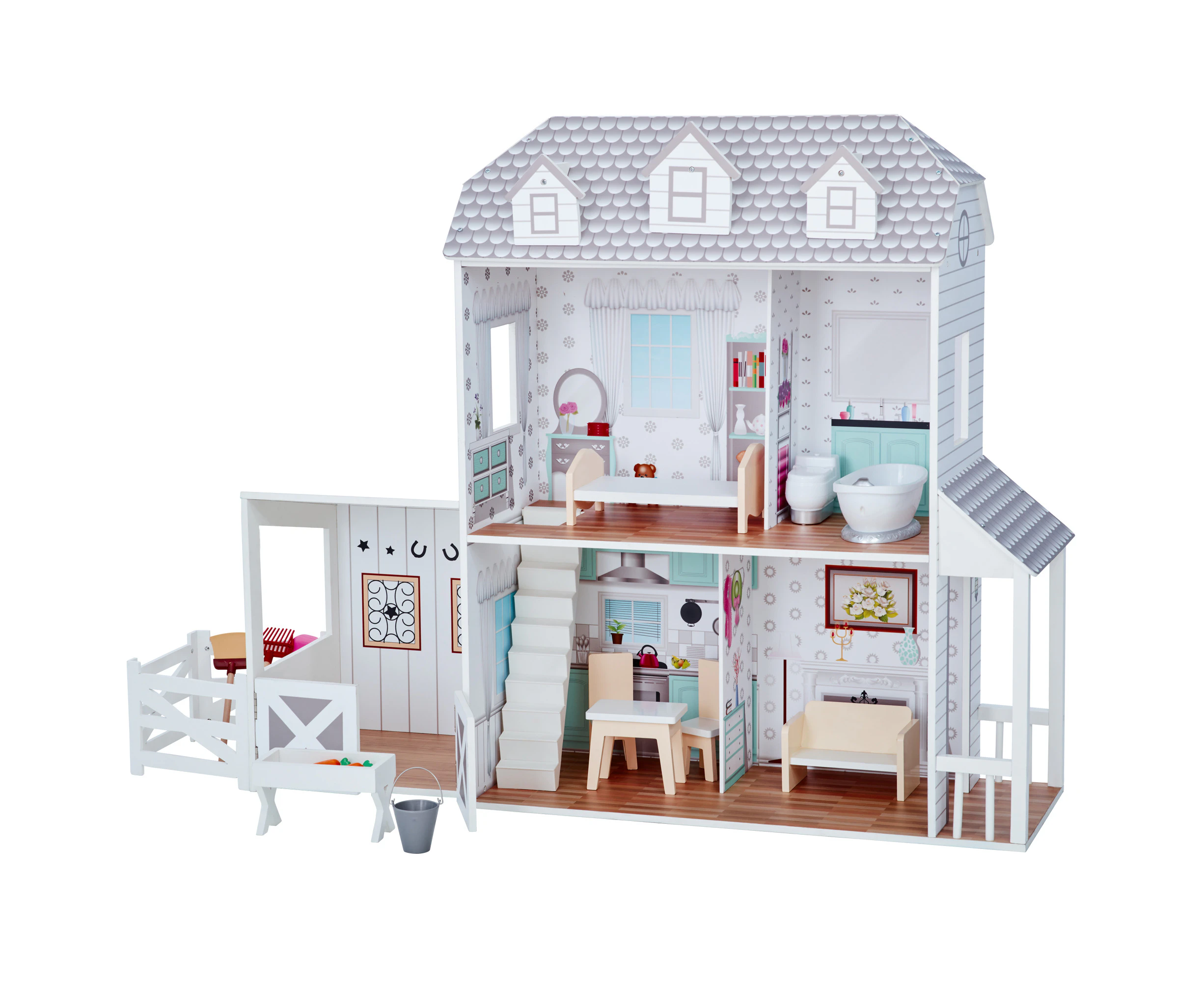 Olivia's Little World Dreamland 2-Story Farmhouse Dollhouse with 12-pc Accessory Set for 12" Dolls