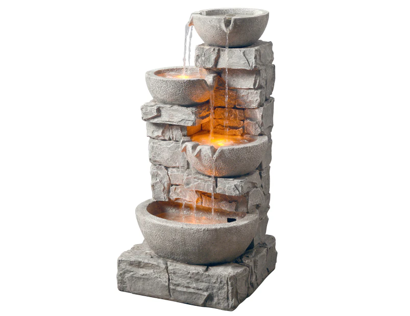 4 Tiered Bowl Floor Waterfall Fountain with LED Lights and Pump, Outdoor Water Feature for Patio Deck Backyard Garden Decor, 83 cm Height