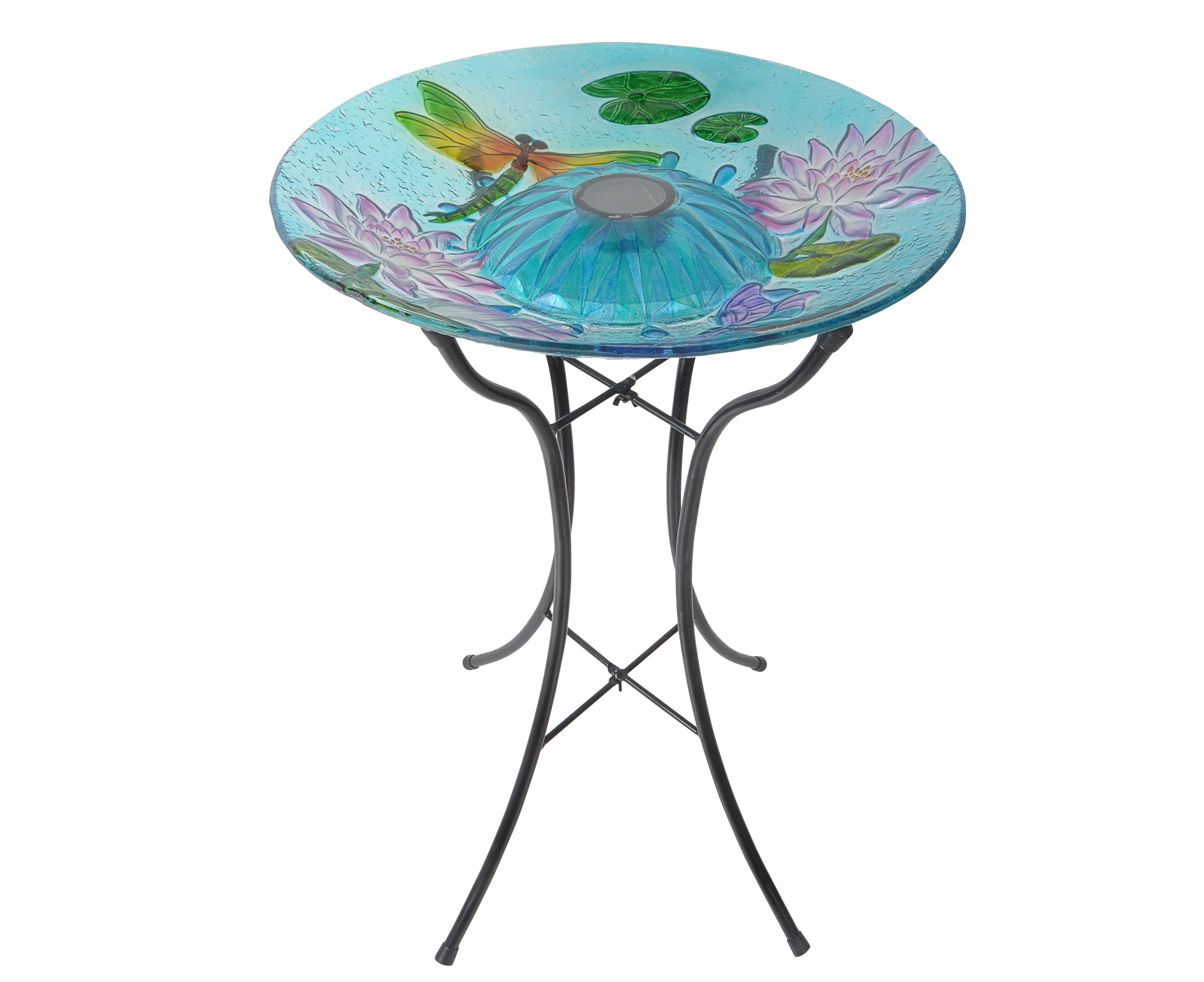 Teamson Home Outdoor 18Inch Handpainted Dragonfly Fusion Glass Solar Bird Bath