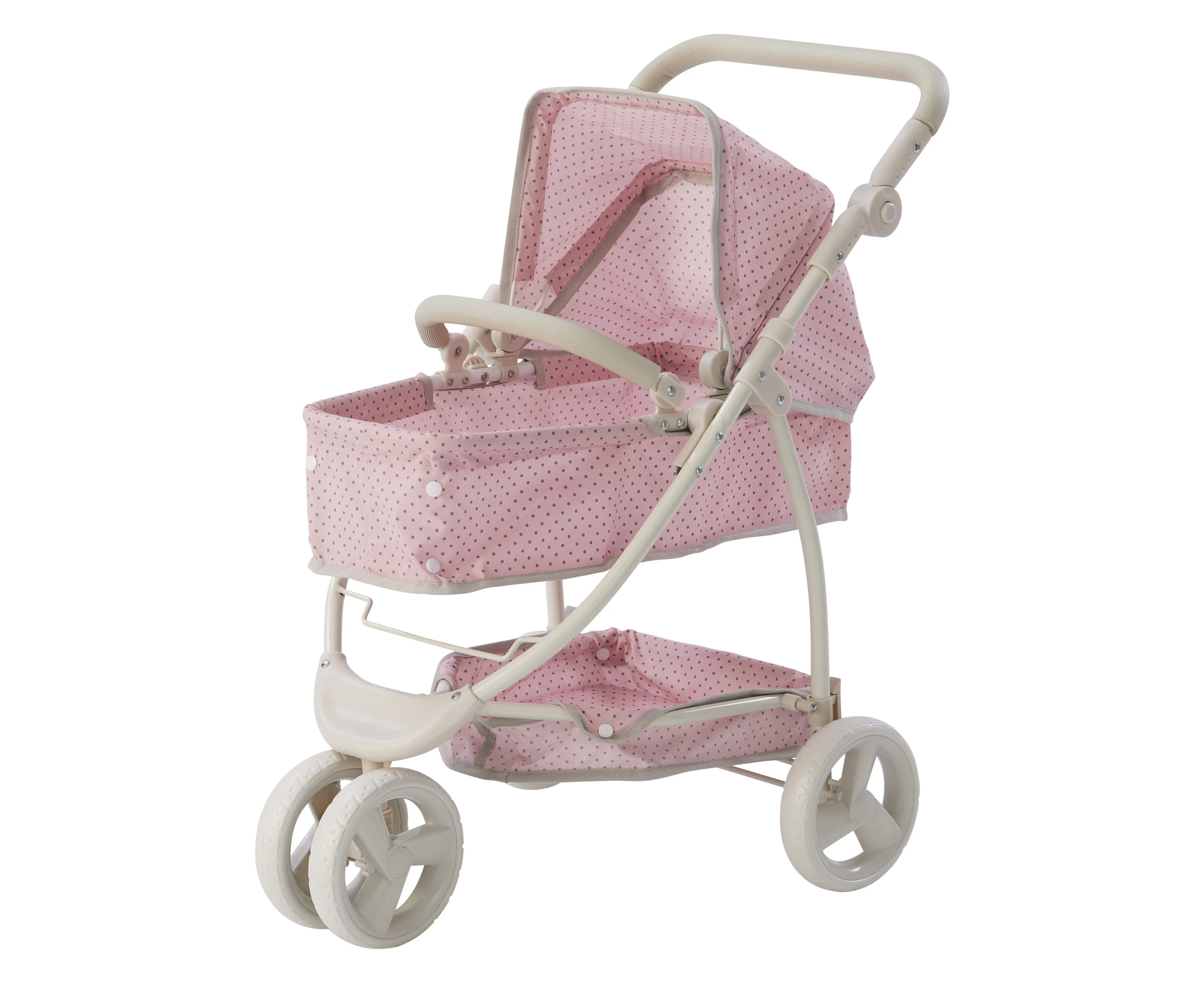 Olivia's Little World Polka Dot Princess Baby Doll 2-in-1 Convertible Stroller with Retractable Canopy & Storage, Pink/Gray