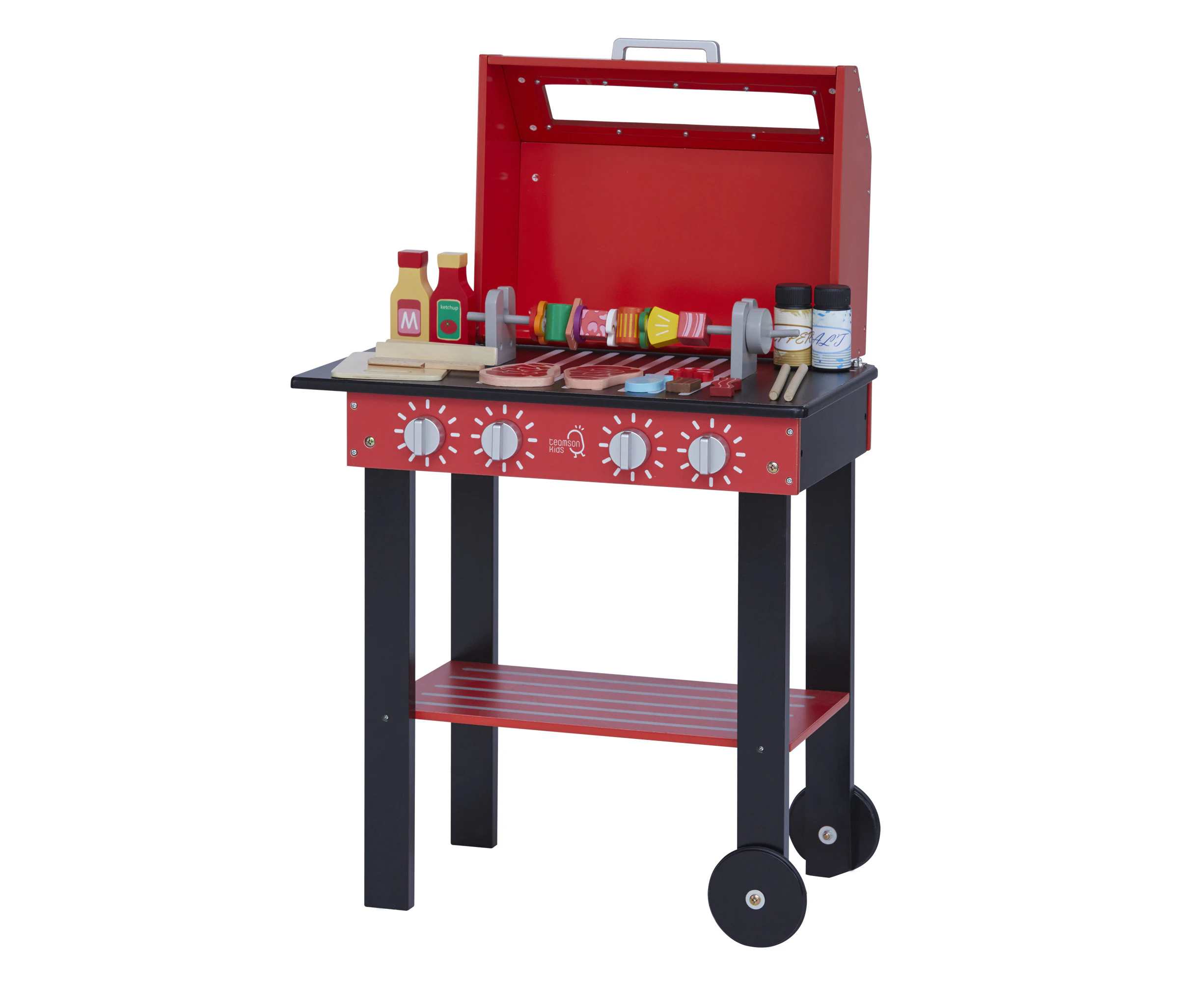 Teamson Kids Little Helper Backyard Pretend Propane BBQ Grill Wooden Play Set with Accessories, Red