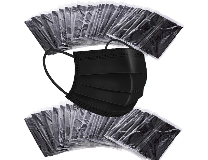50pcs Face Mask Disposable - Individually Wrapped Black Face Masks 3 Ply Disposable Comfortable Elastic Ear Loop Mask Safety Breathable Mouth Cover