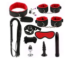 11Pcs Sex Toys Kit BDSM Bondage Whip Handcuffs Butt Plug Sexy Adult Game Tools-Red