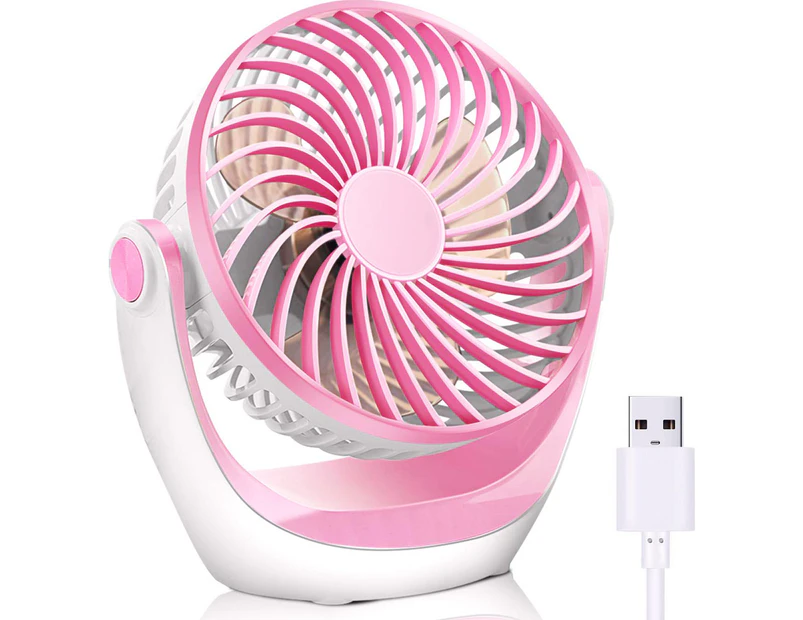 HOMEWE Desk Fan Small Table Fan with Strong Airflow Rechargeable Battery Operated Portable Fan 3 Speeds Adjustable Head 360°Rotatable Mini Personal Fan - Pink