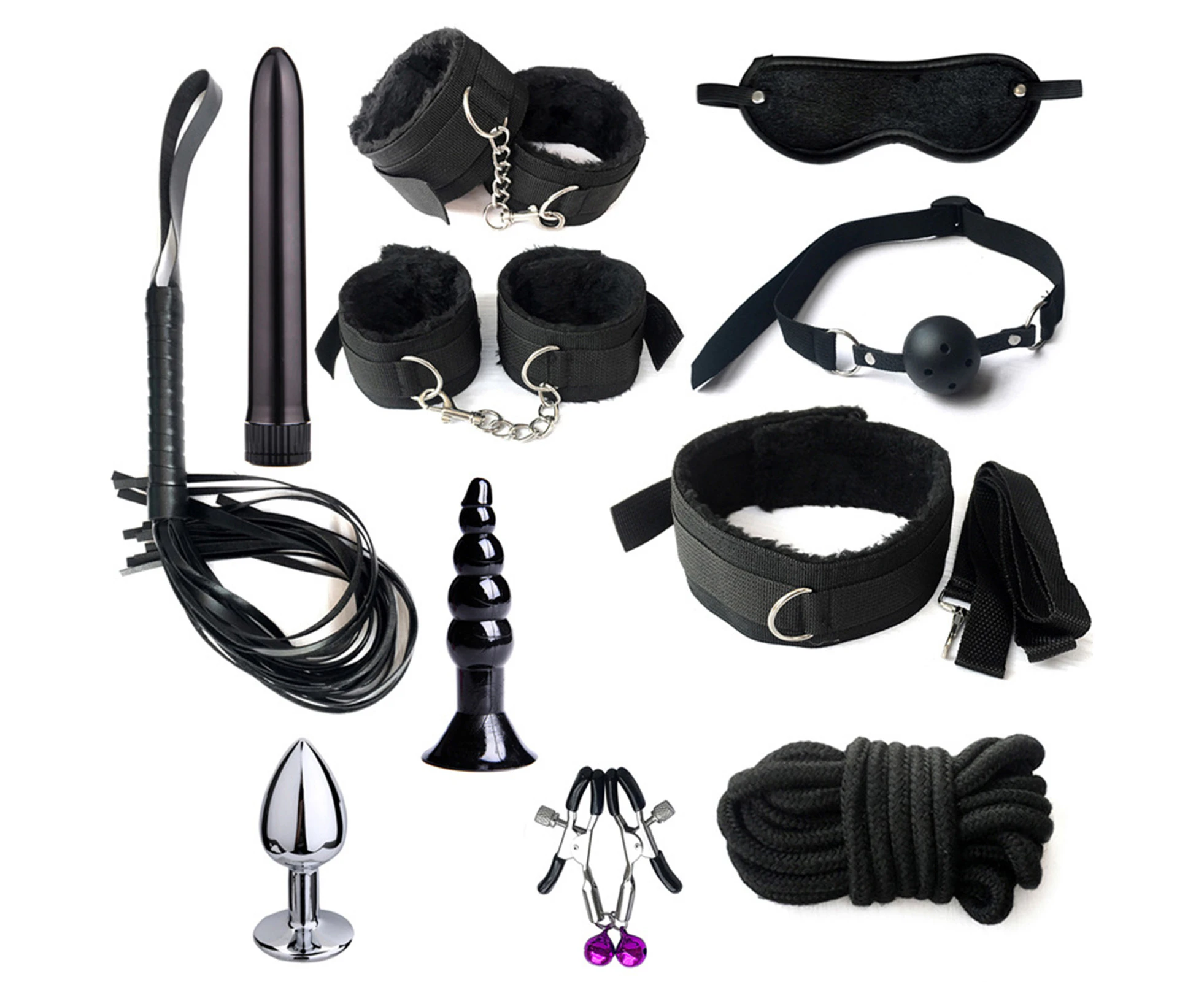 11Pcs/Set Sexy Bondage Whip Handcuffs Anal Plug Sex Toys Kit Adult Game Tools-Black