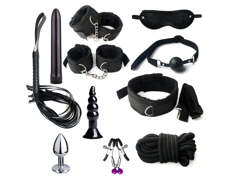 11Pcs/Set Sexy Bondage Whip Handcuffs Anal Plug Sex Toys Kit Adult Game Tools-Black