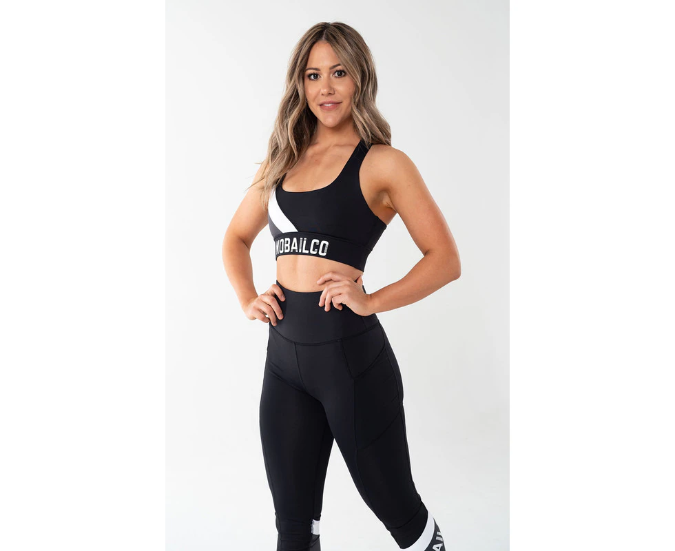 NOBAILCO LADIES PANELLED / MAXIMAL MEDIUM SUPPORT CROP TOPS / QUICK DRY MUSCLE CONTROL ACTIVEWEAR TRAINING RUNNING ATHLETIC GYM JOGGING YOGA PILATE - Black