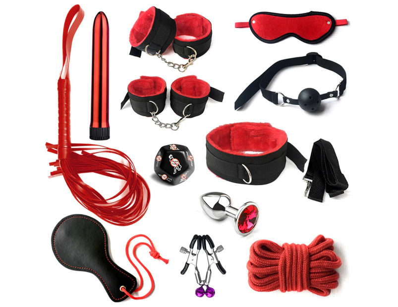 12Pcs/Set Sexual Bondage Handcuff Whip Blindfold Adult Couple Sex Toys Tools Set-Red