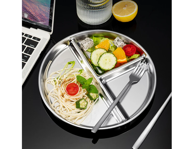 Food Grade Thickened Edge Round Food Plate Stainless Steel 3 Grids Compartment Meal Tray Kitchen Supplies