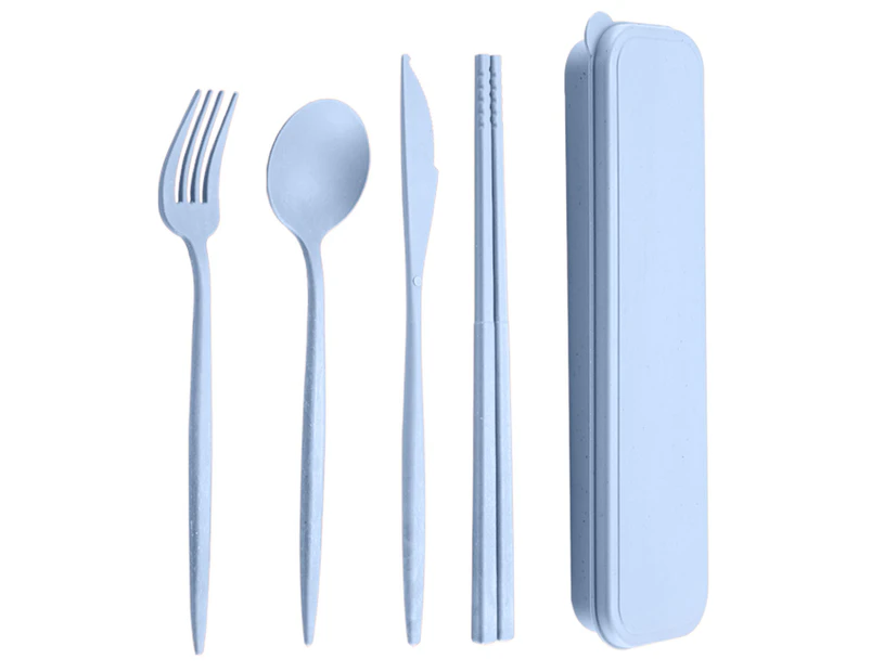 4Pcs/Set Reusable Portable Plastic Cutlery Set with Storage Box Students Spoon Fork Cutter Chopsticks Tableware Set for Outdoor Travel-Blue