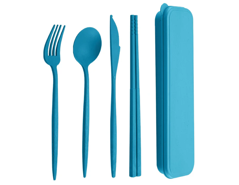 4Pcs/Set Reusable Portable Plastic Cutlery Set with Storage Box Students Spoon Fork Cutter Chopsticks Tableware Set for Outdoor Travel-Dark Green