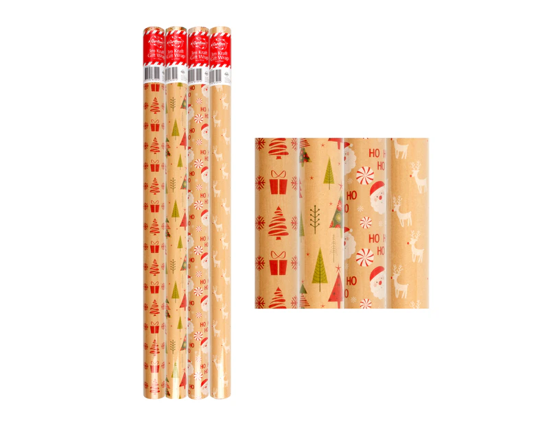 4 x Dats 3mx70cm Kraft Christmas Wrapping Paper - Assorted