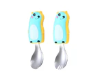 2Pcs/Set Kid Spoon Food Grade Cartoon Pattern Stainless Steel Cutlery Spoon Fork Set for Home-Blue Yellow