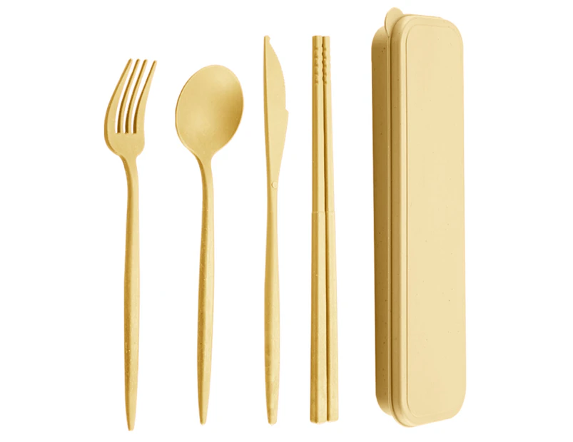 4Pcs/Set Reusable Portable Plastic Cutlery Set with Storage Box Students Spoon Fork Cutter Chopsticks Tableware Set for Outdoor Travel-Yellow