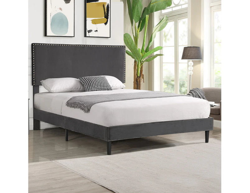 Levede Bed Frame Double Size Velvet Mattress Base Platform Wood Headboard Grey