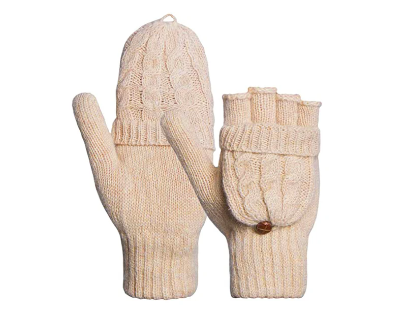 Flip Cute Dual-use Wool Gloves, Warm Autumn and Winter Half-finger and Half-finger Wool Gloves for Women and Men - Beige