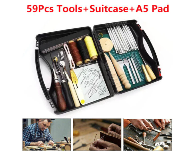 Oweite DIY Leather Craft Hand Tools Kit Stitching Sewing Stamping Punch Carve Work Set( 59 Pieces Tool+A5 Pad+SuitCase)