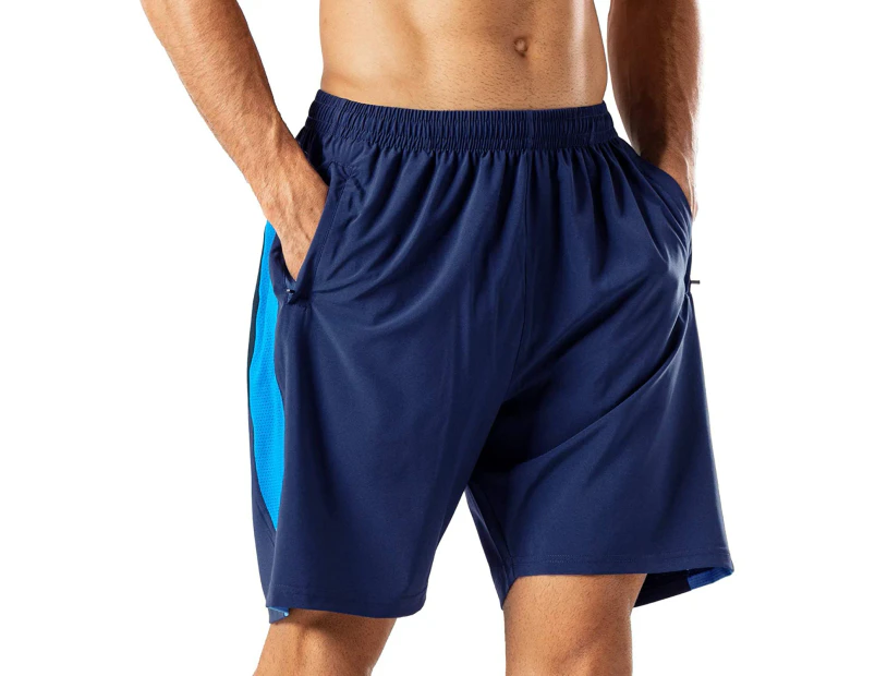Men's Casual Sports Quick Dry Workout Running or Gym Training Short with Zipper Pockets$Men's Workout Running Shorts Quick Dry Athletic Performance Shorts - Dark Blue With Sky Blue