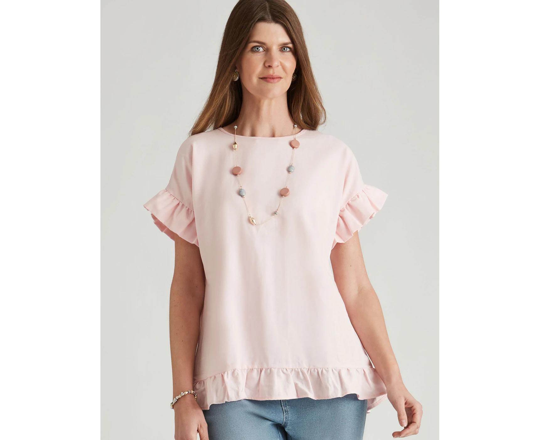 W Lane - Womens Summer Tops - Pink Basic - Linen - Vivid - Smart Casual Fashion - Peach - Short Sleeve - Frill Button Back - Everyday Office Outfit